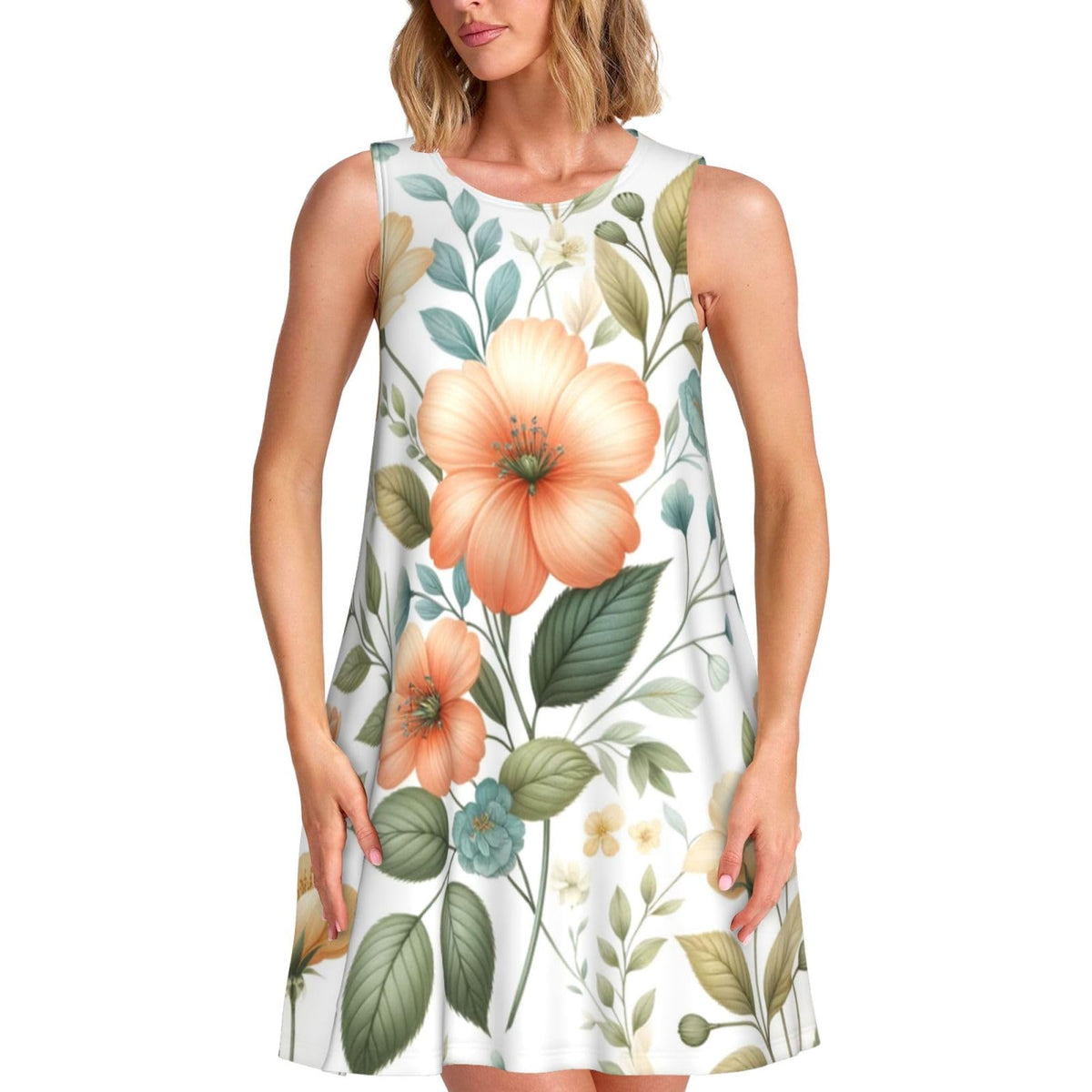 sans manches à fleurs couleur pêche pour femme, avec 2 poches latérales, coupe trapèze.